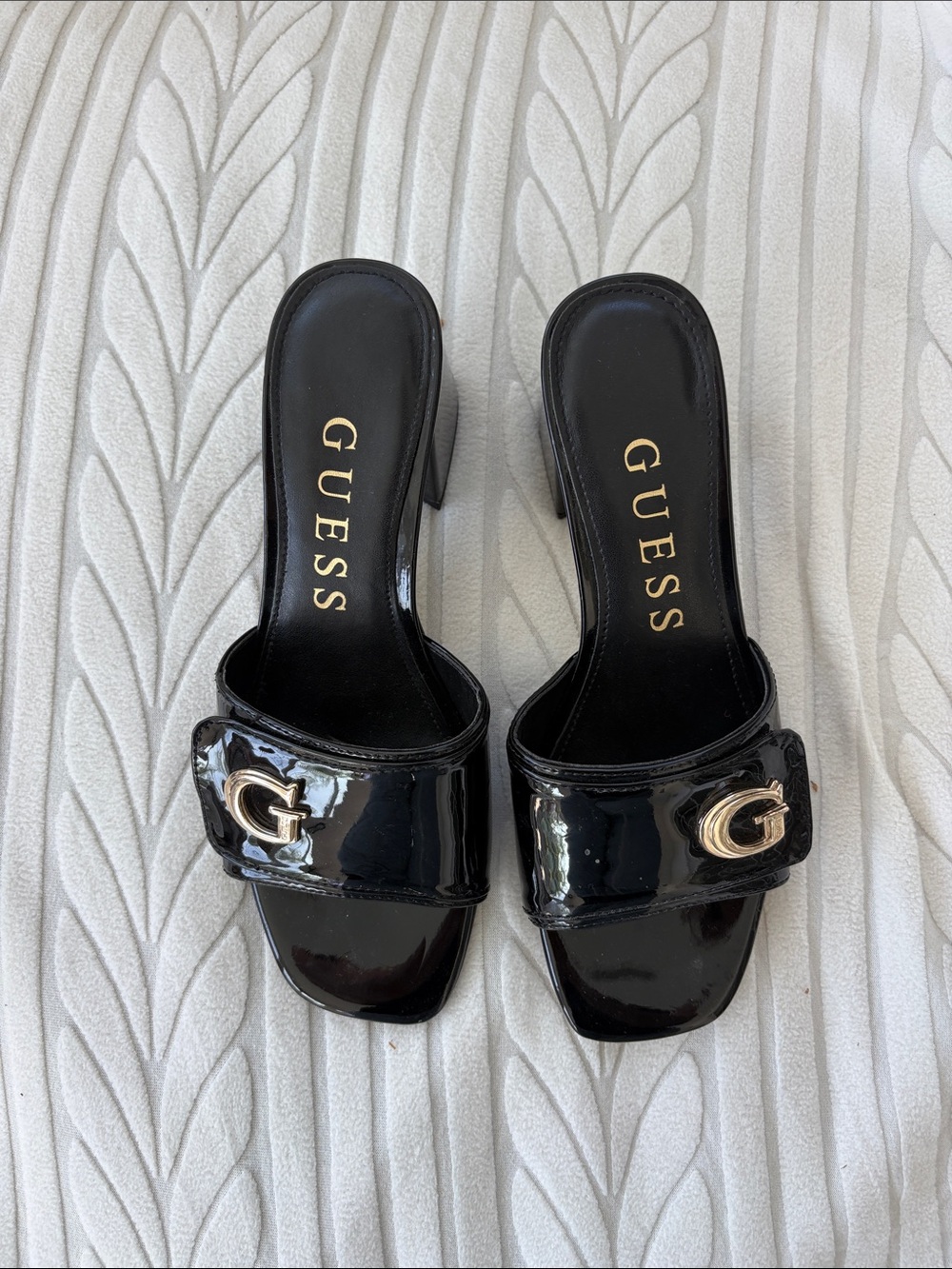 GUESS Black Patent Slide Mules with Gold G Accent